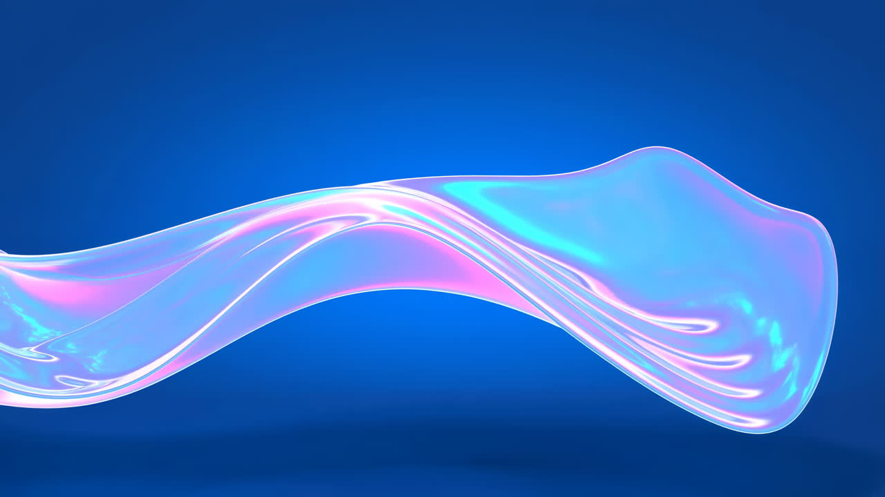 Abstract Iridescent Holographic Wave Flowing on Blue Background