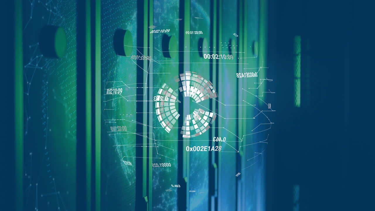 Digital data processing animation over server racks in technology environment