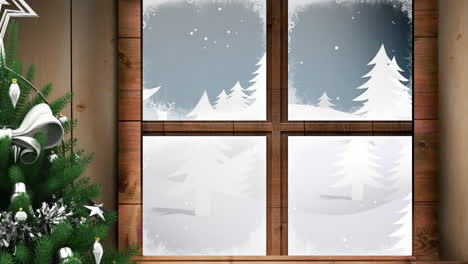 Animation-Einer-Winterlandschaft-Mit-Weihnachtsdekoration,-Gesehen-Durch-Ein-Fenster