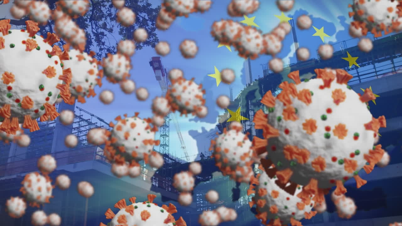 코로나 바이러스 돌연변이의 애니메이션 유럽 연합  ⁇ 발 위에 건설 중인 건물