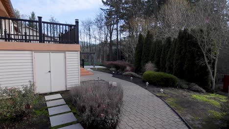 stabilized shot of outdoor backyard of luxury home.