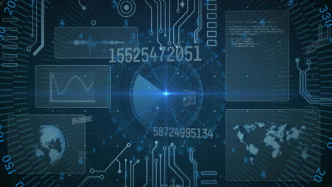 animation of circuit board and digital data processing over black background