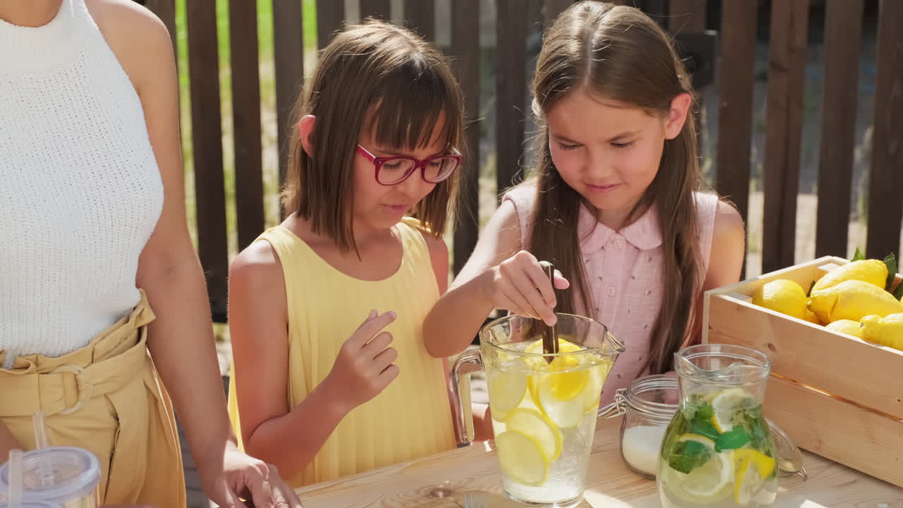 10-Year-Old Girls Making Lemonade Outdoors