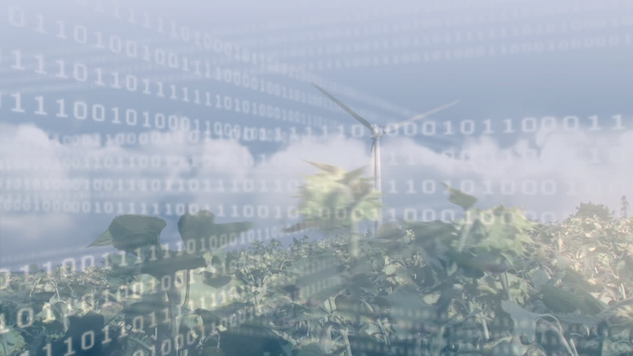 풍력 터빈과 꽃에 대한 데이터 처리의 애니메이션