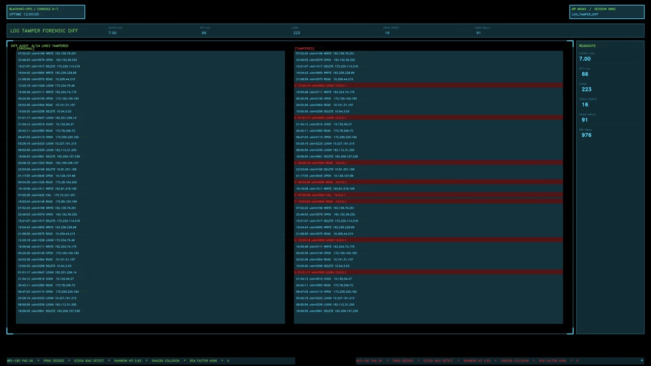 A cyan cybersecurity console panel displaying log forensic diff analysis with red tampered highlights and scrolling terminal data. Loops seamlessly as a sci fi overlay