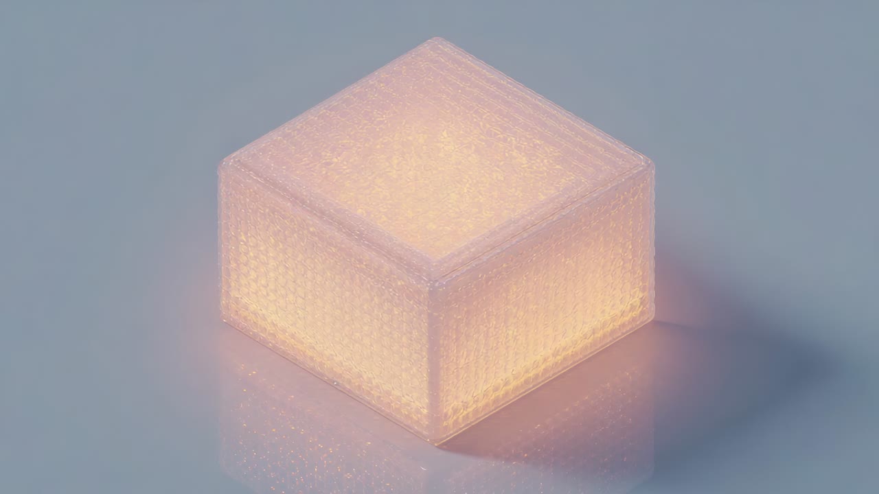 Roterende kube under kamerapanorering på blåt bord, der afslører honeycomb-side, ribbet top og varmt skær