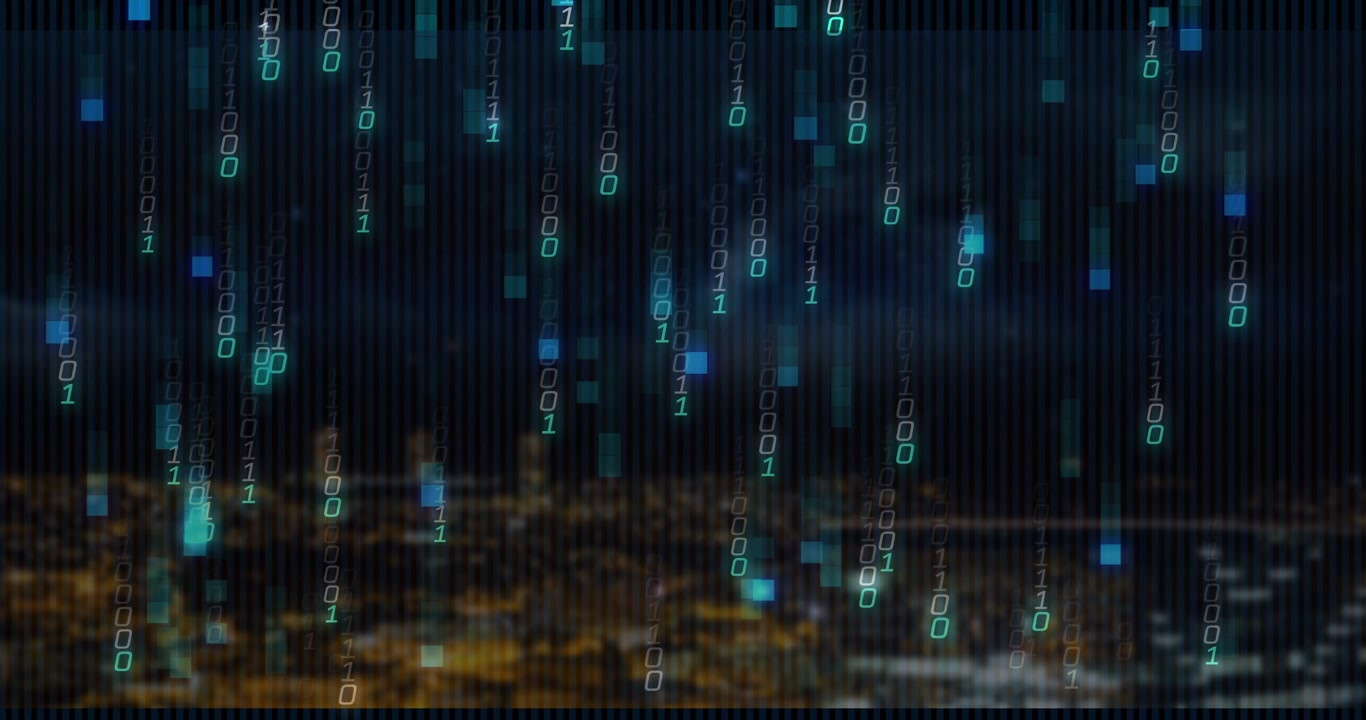 At start neon-green or cyan binary digits descending and brightening, forming curtain over city
