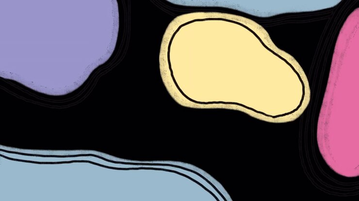 Forme organiche animate colorate con contorni su sfondo nero