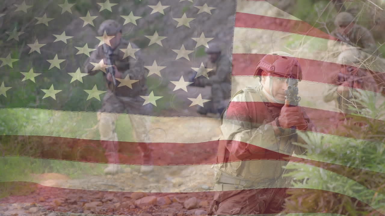 animación de la bandera de ee.uu. sobre varios soldados