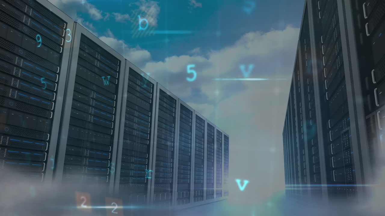 Animation of cyberattack over server room and sky