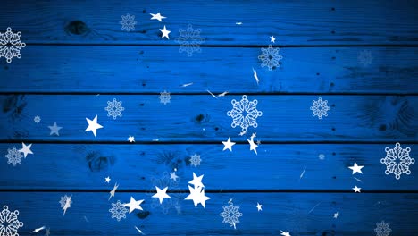 Animation-Von-Weihnachtssternen,-Die-Mit-Schneeflocken-Auf-Blauen-Hintergrund-Fallen