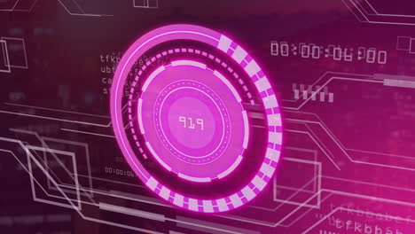 rotating pink circles and data processing animation on futuristic digital interface