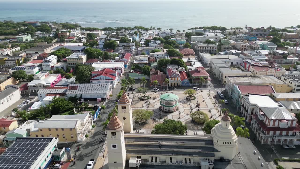 Aerial view of San Felipe Ap&oacute;stol cathedral and the Independence Park in the historic district of Puerto Plata in the Dominican Republic