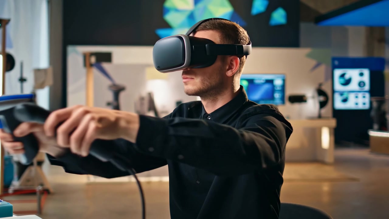 Scena visibile mostra un uomo che indossa un visore VR, impugna un controller, in posizione avanzata, con connessione via cavo, su sfondo di uno showroom high-tech con schermi e arte murale geometrica, illuminazione vibrante blu, verde e gialla