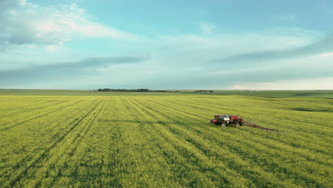 Tractor-Spraying-The-Blooming-Canola-Fields-In-Saskatchewan,-Canada-During-Springtime