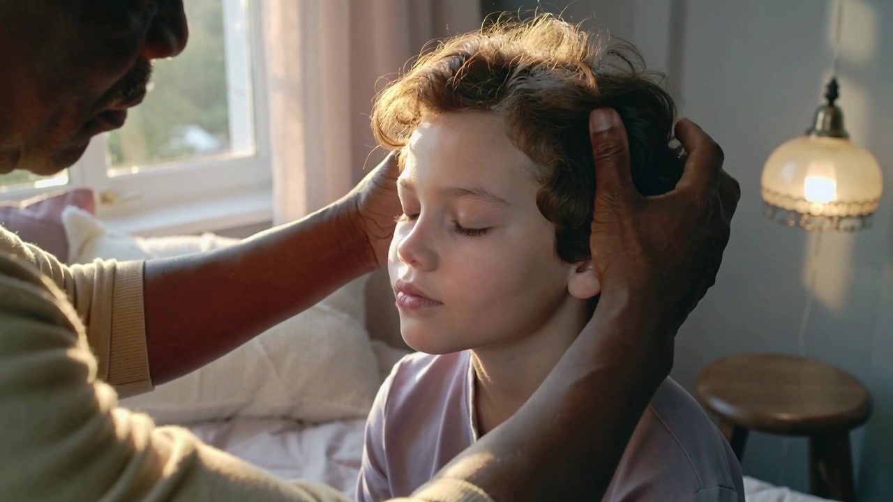 Sunlight drawing caregiver, smoothing child's hair on bed for grooming, beige top, hands visible