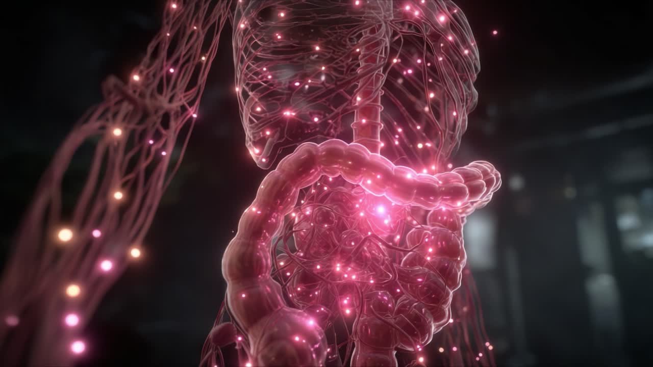 人間の消化器系の魅惑的な探求。腸や周辺臓器内の複雑な詳細と光るつながりを、見事な視覚表現で紹介。