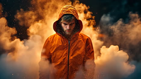 man in orange hoodie surrounded by smoke and flames at dusk