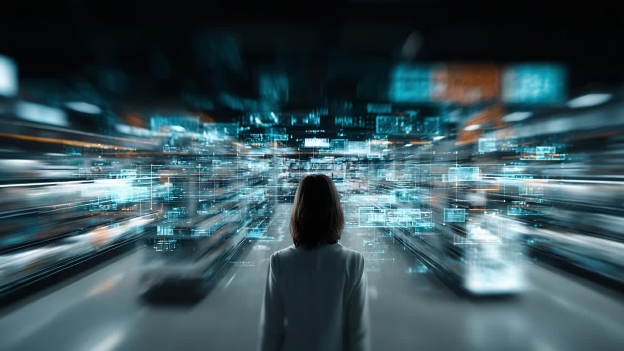 A Futuristic Perspective on Data and Technology: A Woman Observes a Virtual Environment Filled with Dynamic Information in a High-Tech Space