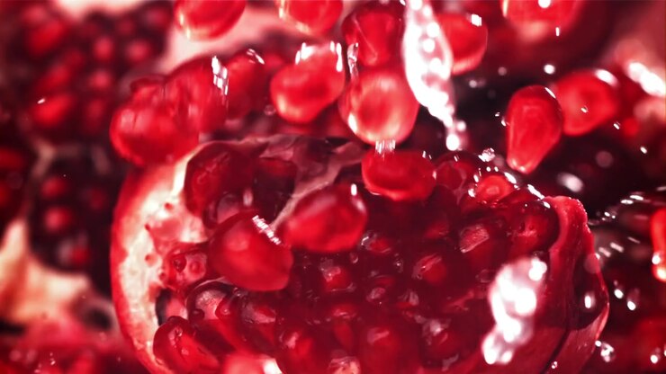 Fresh Pomegranate Seeds and Water Falling in Slow Motion