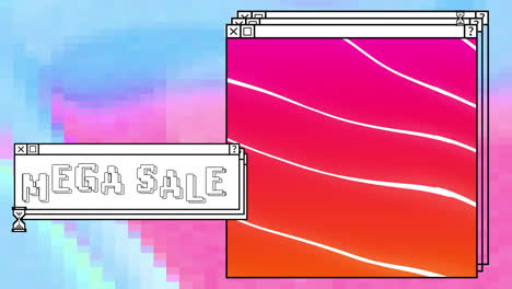 Animation-Von-Mega-Sale-Text-Und-Offenen-Fenstern-Mit-Eieruhr-über-Buntem-Computer-Desktop