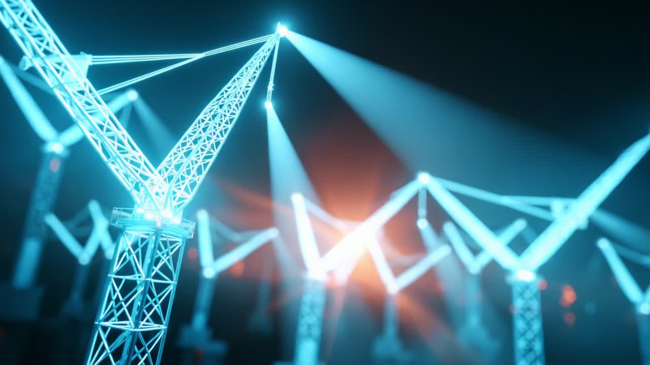 Illuminated Power Lines Displaying Advanced Connectivity: A Captivating Visual Representation of Electricity Transmission Infrastructure Highlighting Futuristic Design and Technological Progress in Energy Systems