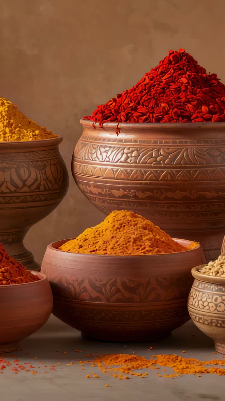 Vertical video: Zooming camera revealing metal bowl of chilies and carved turmeric bowl on table