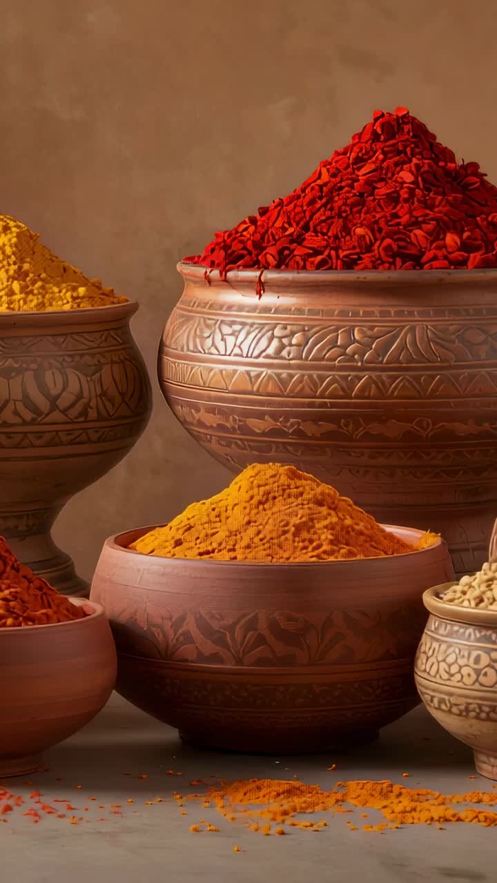 Vertical video: Zooming camera revealing metal bowl of chilies and carved turmeric bowl on table