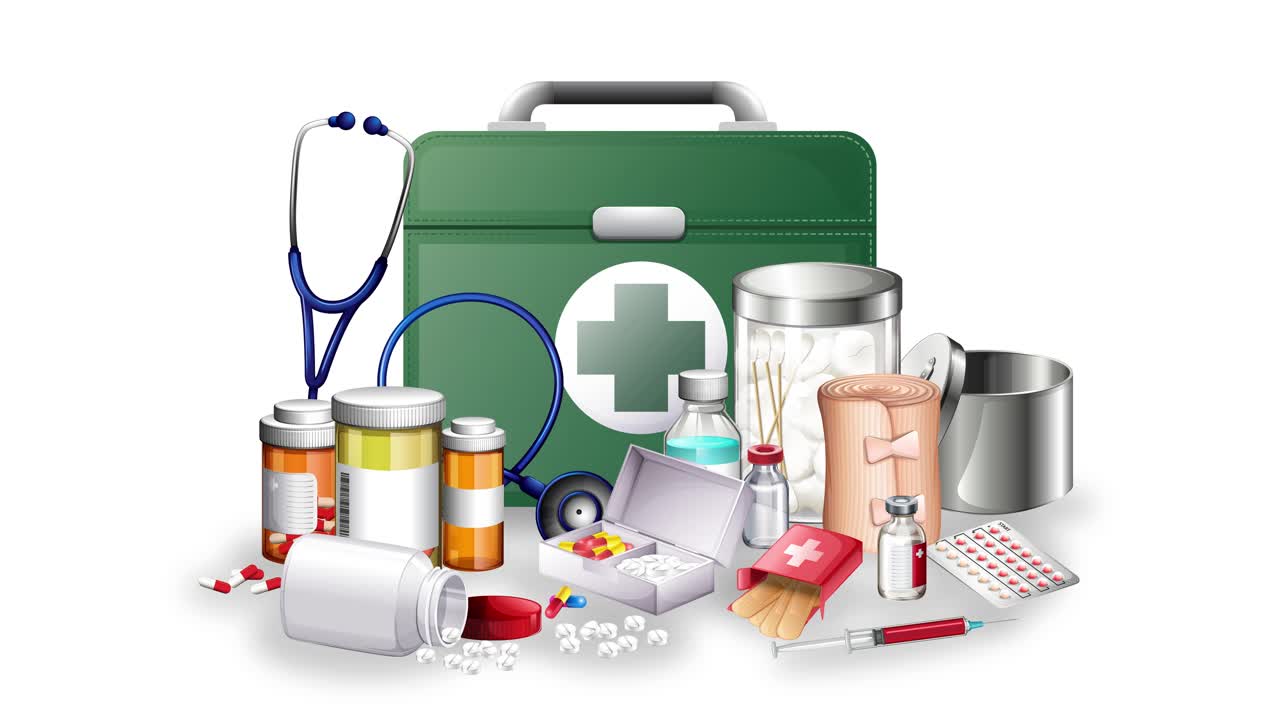 Medical supplies arranged around a green first aid kit