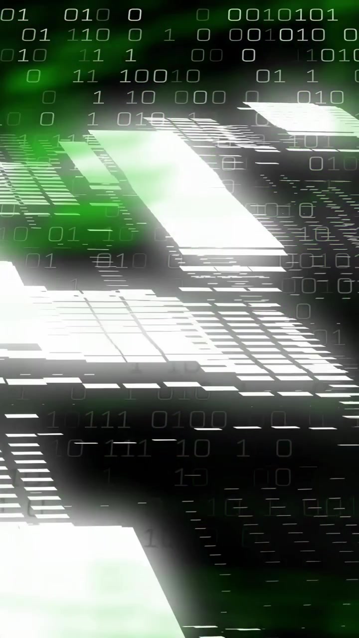 Digital field in grid, binary rising, streaming green lattice, sliding lit panels forming corridor
