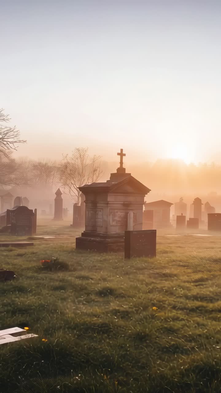 Vertical video: Rising sun illuminating cemetery revealing mausoleum and dewy grass shining