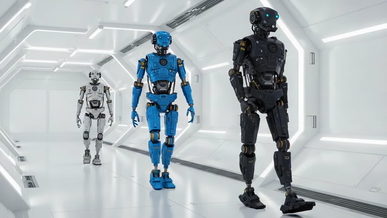 Exploring the Future: A Group of Advanced Robots in a Futuristic Hallway Showcasing Innovative Designs and Unique Structures with a High-Tech Aesthetic