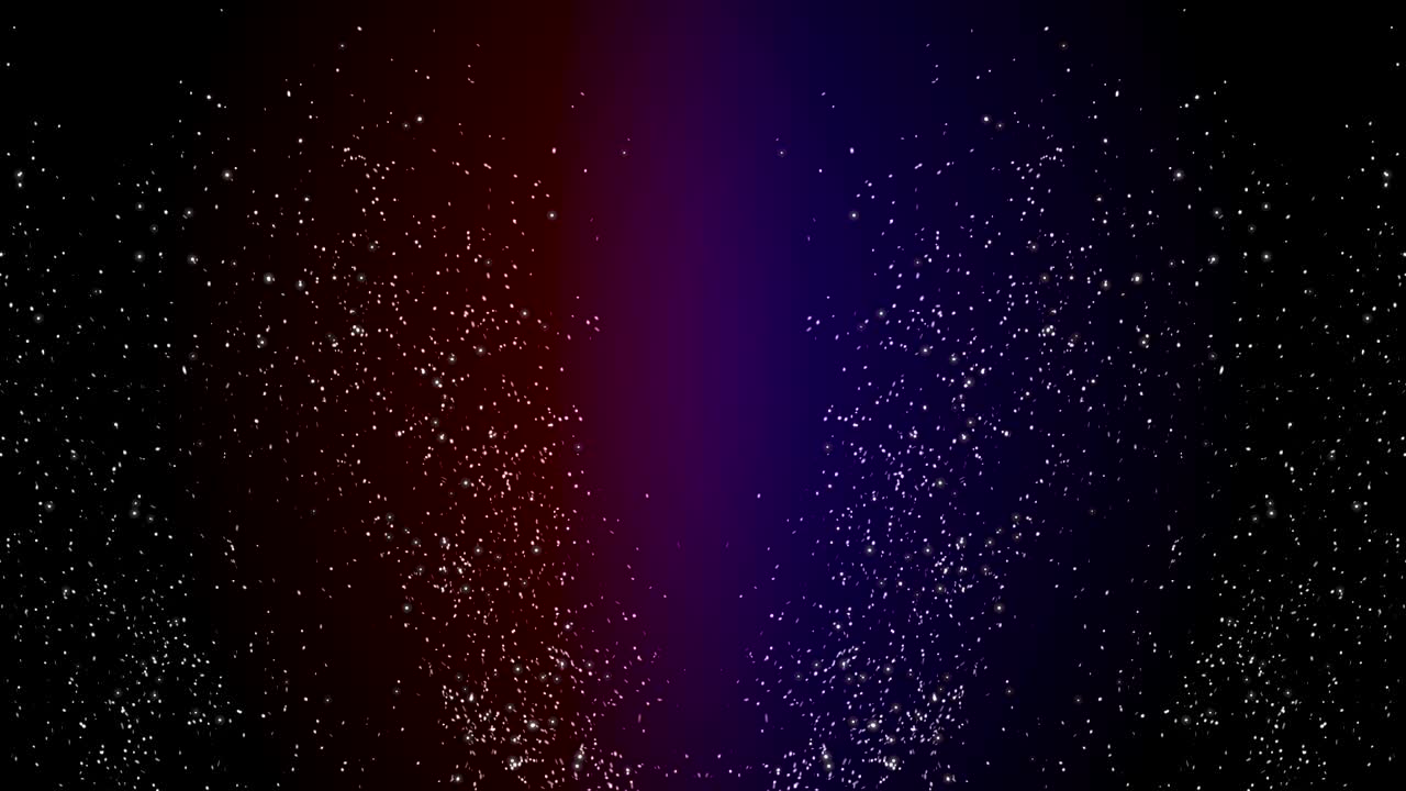Dark space divided on blue and red sides, beaming while small white particles going up.