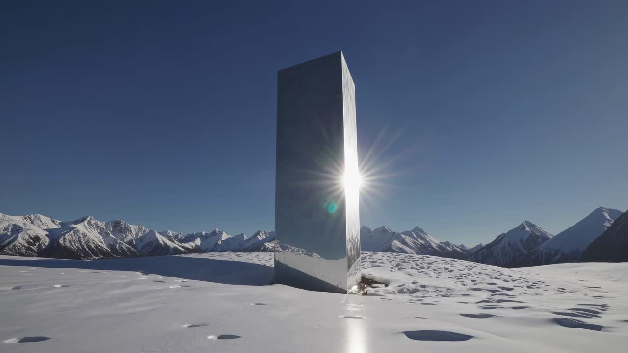 A mysterious metallic monolith stands on snowy terrain with mountains in the background