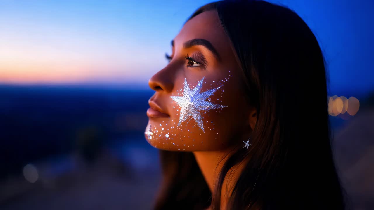 mujer con cara de estrella pintada al atardecer