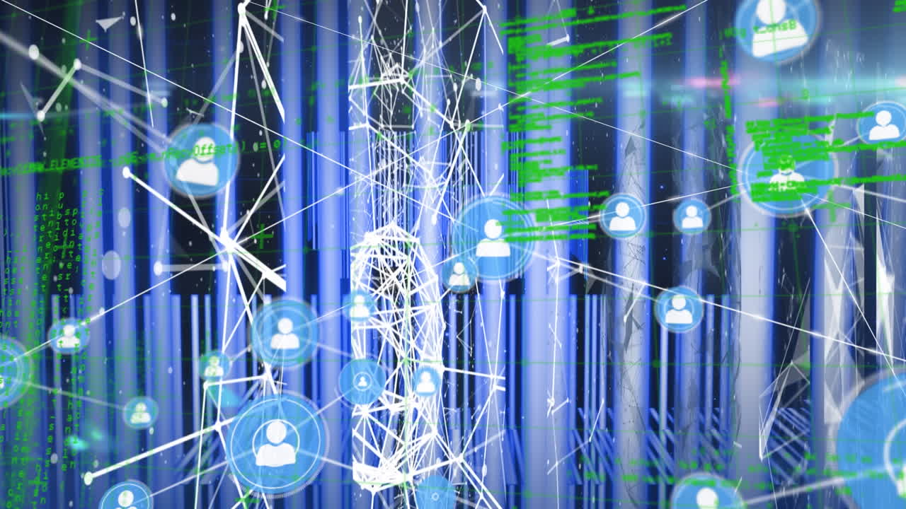 Animation of data processing and icons over blue background