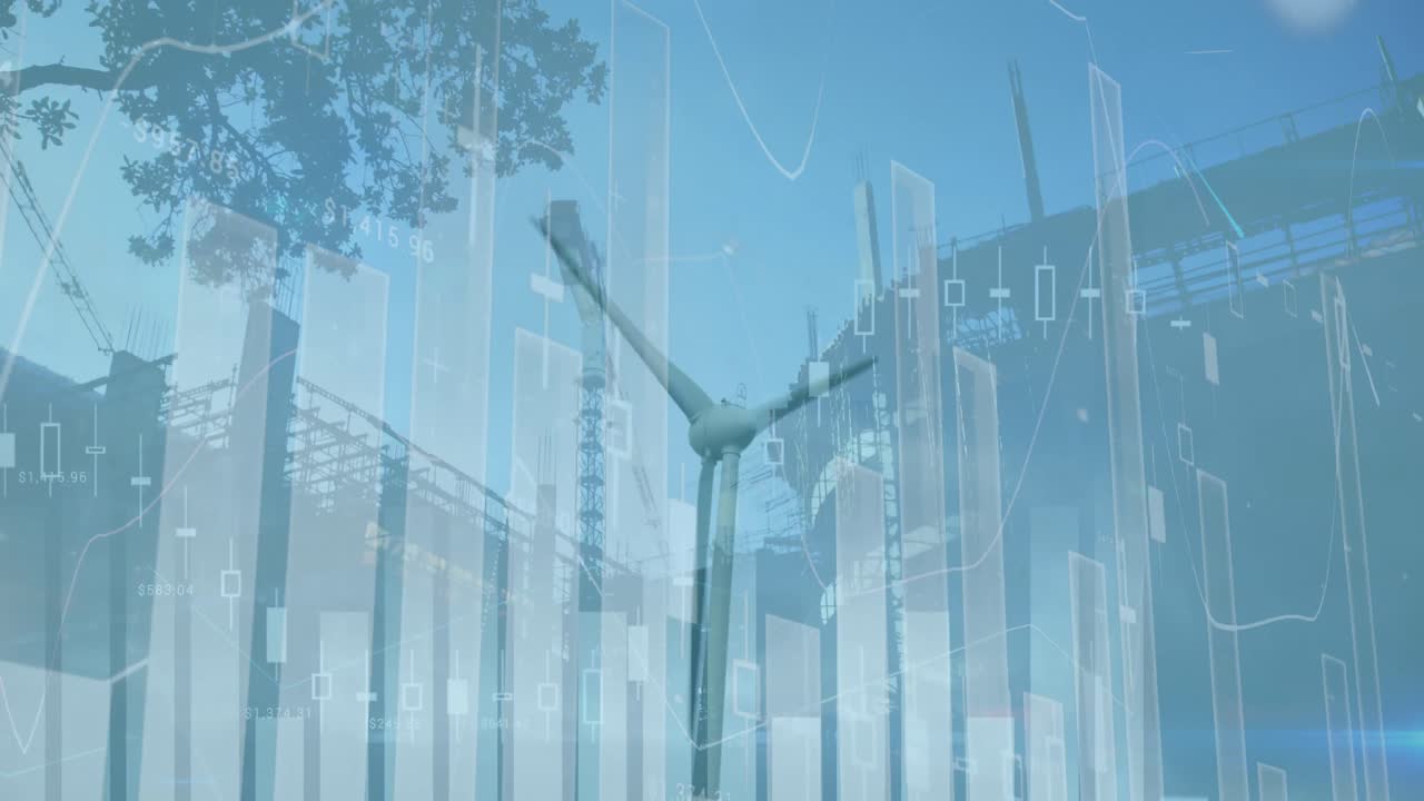 건설 현장에 대한 회전하는 풍차에 대한 통계 데이터 처리의 애니메이션