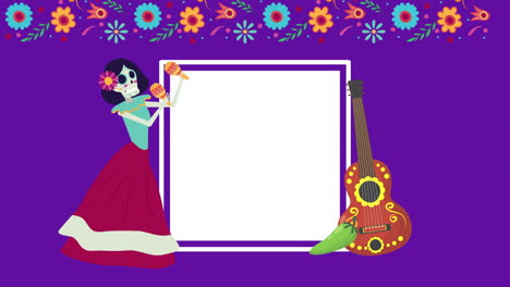 animación viva mexico con catrina cráneo interpretando el personaje de maracas