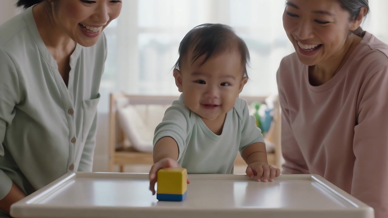 家の中でミント色のロンパースを着たアジアの乳児が歩き始め、女性たちが励ましながら立つためのブロックを置いている様子
