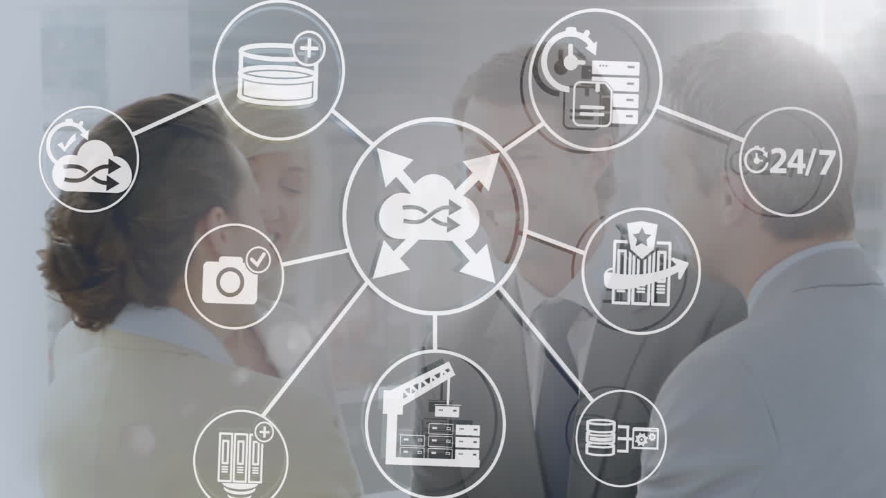 In office, business people collaborating with network of technology icons animation