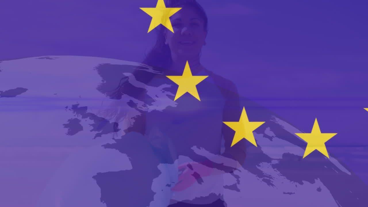 Animazione della bandiera dell'UE e di un globo su un volontario di etnia mista in spiaggia.