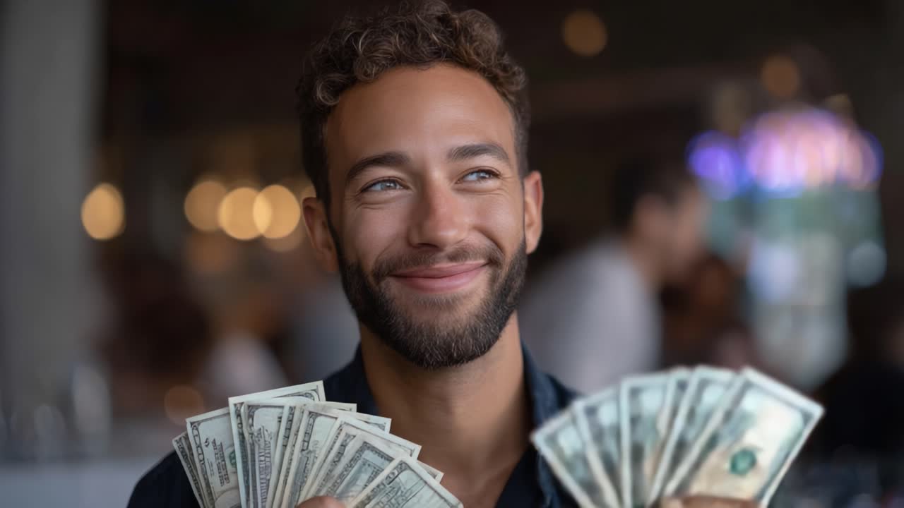 Uomo che sorride con contanti in mano, celebra il successo finanziario e la felicità in un contesto sociale con sfondi sfocati di persone e luci