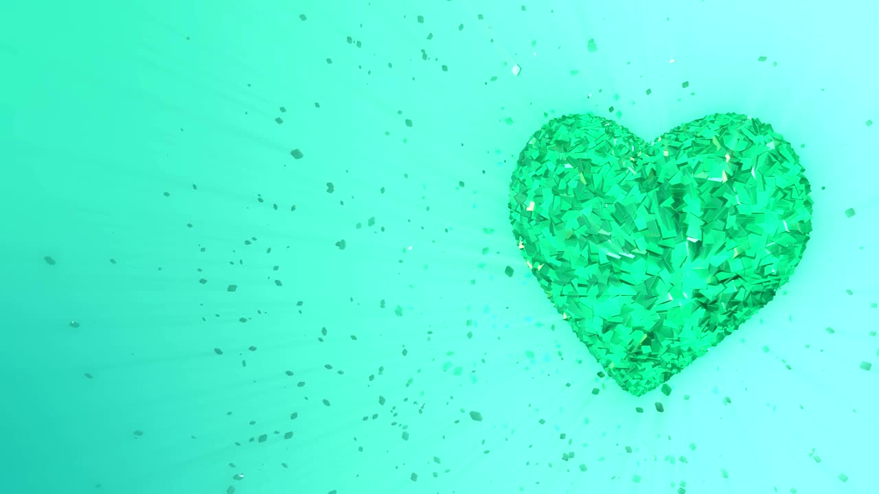 3d-анимация: абстрактный цикл анимационного фона: вращающиеся светящиеся изумрудные сердечные кусочки и кубики зеленого, вращающиеся с бродячими кусочками. цвет фона. бесшовная цикл.