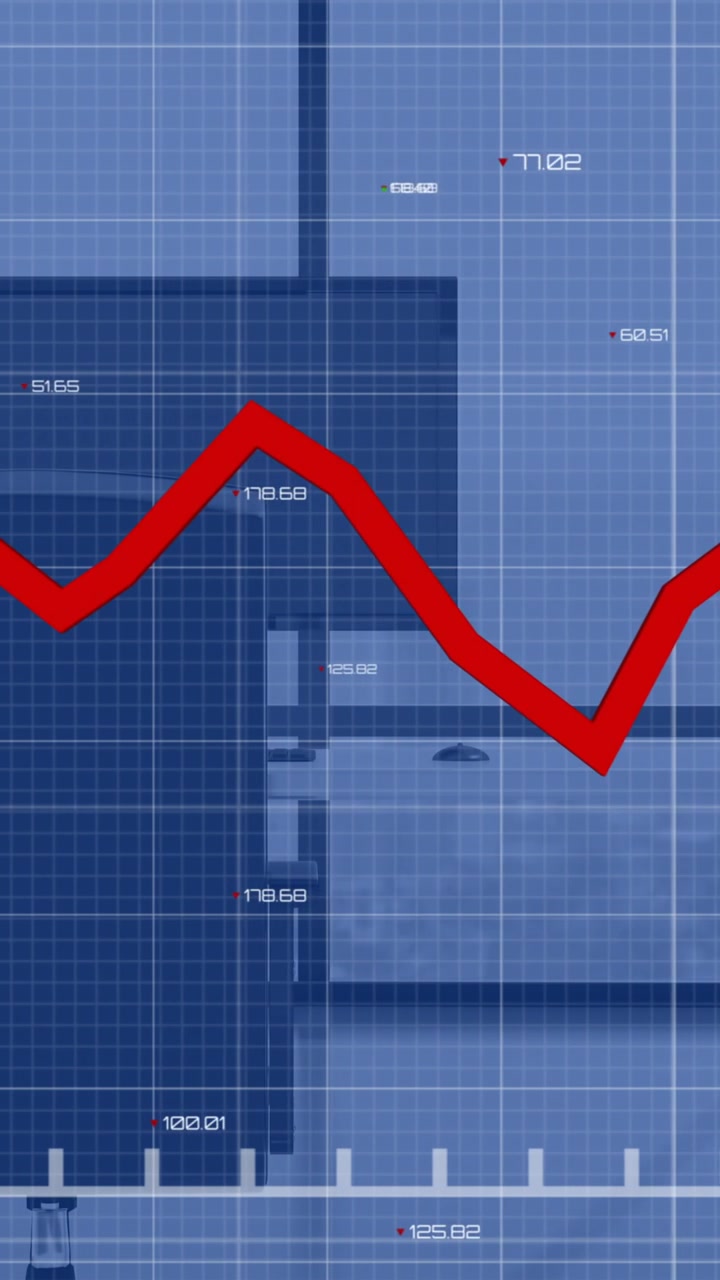 Animation of financial data processing over desk in empty office