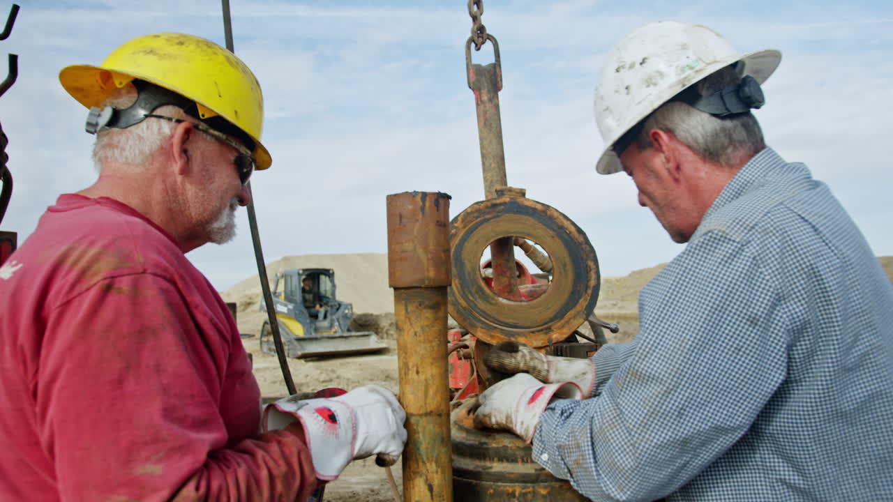 Mature men wearing protective helmets stand at the equipment for drilling oil. Worker presses the metal detail into the round reservoir.