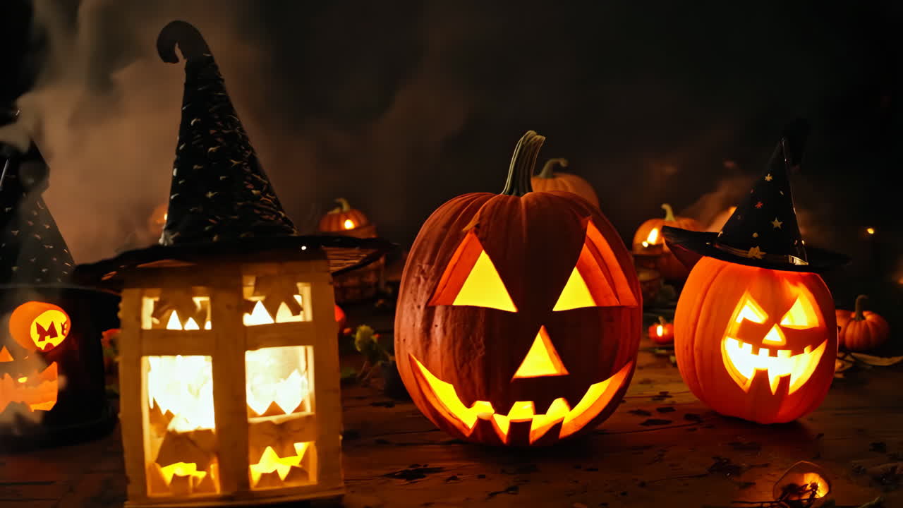 A group of pumpkins with a witch's hat on top of one of them. The pumpkins are lit up and arranged on a table