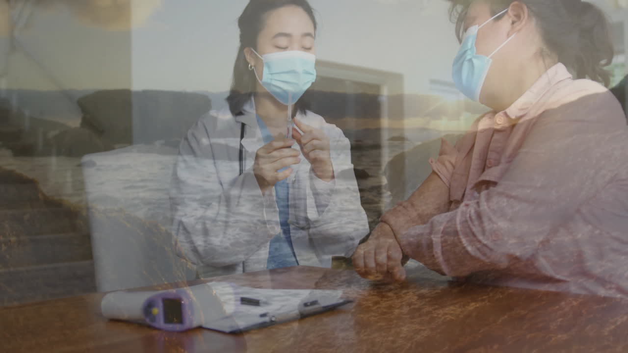 Preparing vaccine, healthcare professional in animated serene ocean landscape background