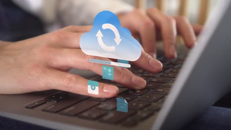 woman working on her laptop while data being synchronized to cloud computing online storage and iot computer network connectivity for devices