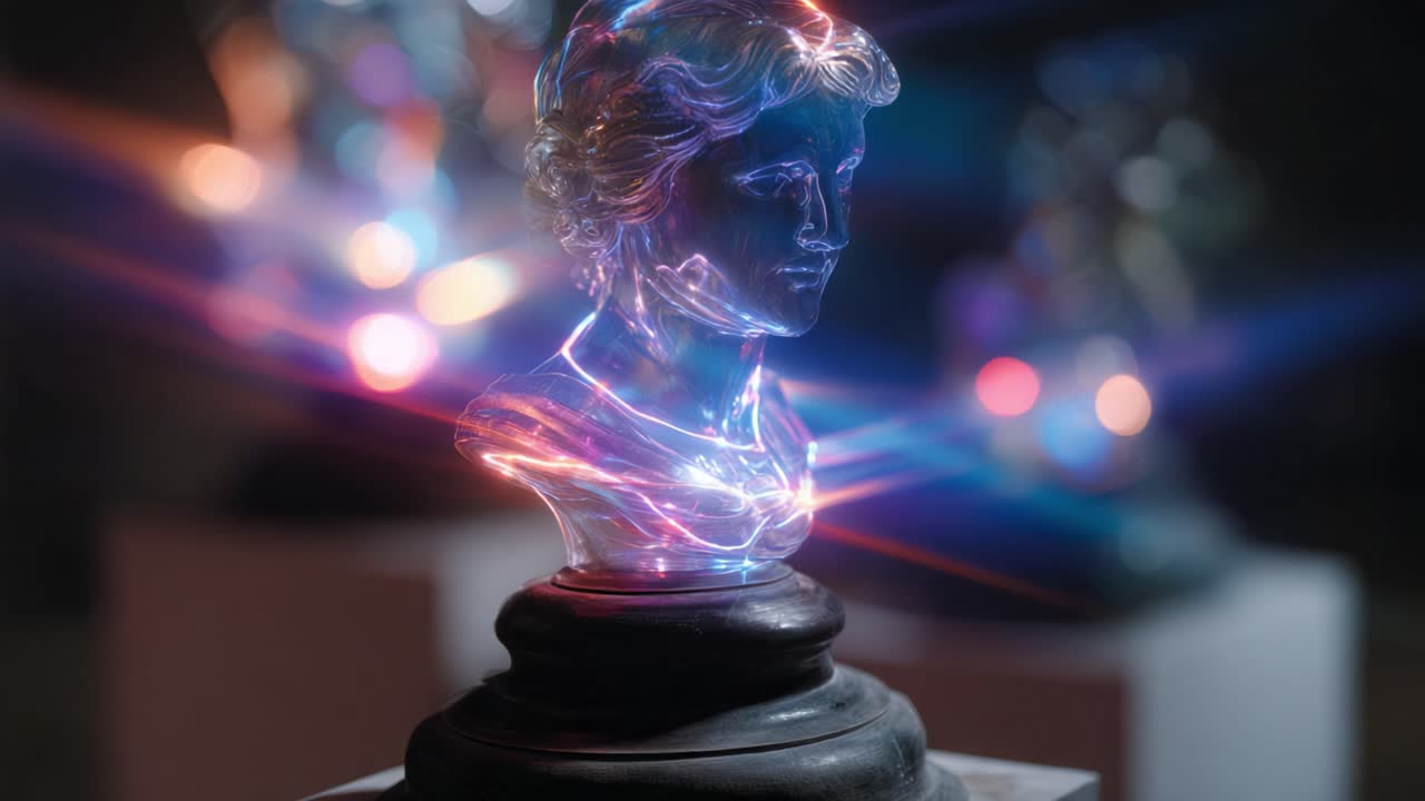 A Stunningly Illuminated Bust of a Classical Figure, Showcasing Artistic Skill with Vibrant Light Reflections and a Sleek Glass Texture in an Elegant Display Setting