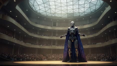 a captivating performance of a futuristic robot on stage surrounded by an enthralled audience in a grand auditorium with a stunning geometric dome